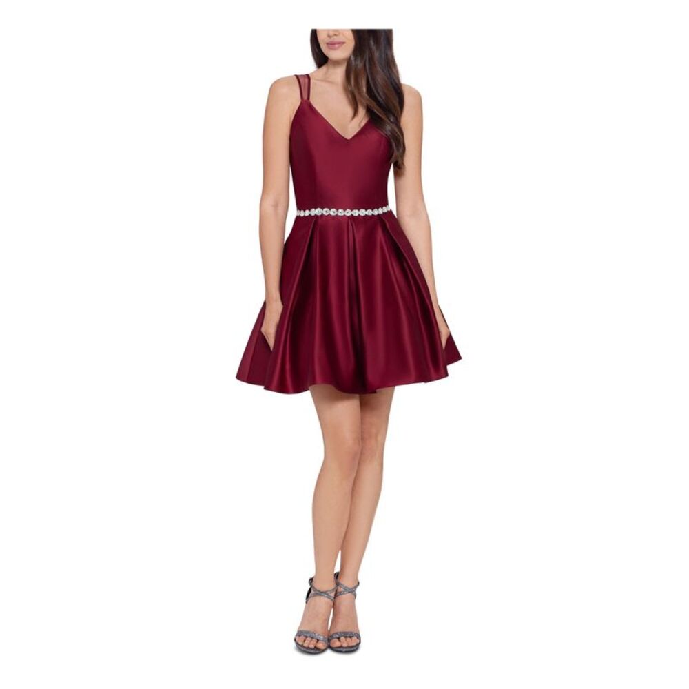 BLONDIE NITES Womens Fit + Flare Short Dress Red Sleeveless Skirt Juniors 3